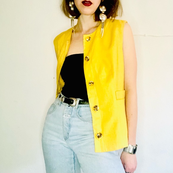Vintage Jackets & Blazers - 60s VTG Yellow Linen Mod Tank Top Vest